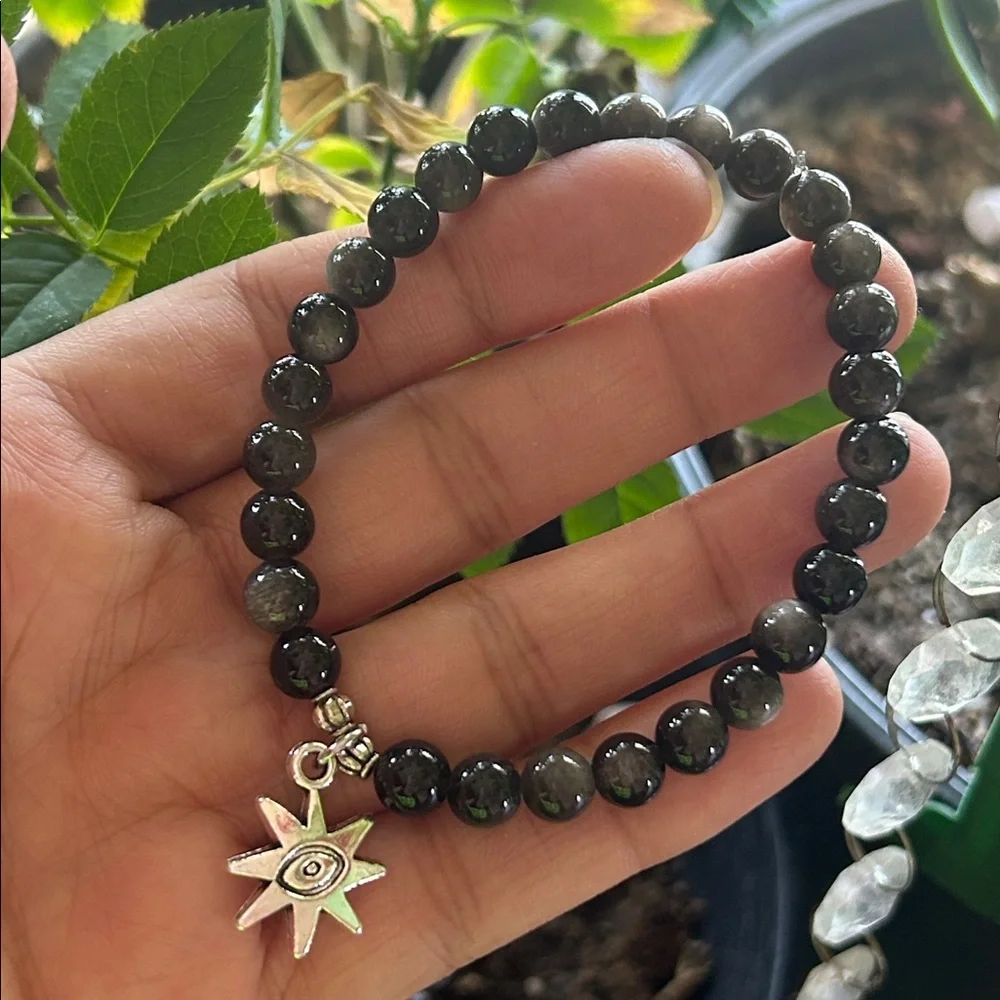 Handmade Silver Sheen Obsidian Beaded Bracelet with Silver Evil Eye Charm